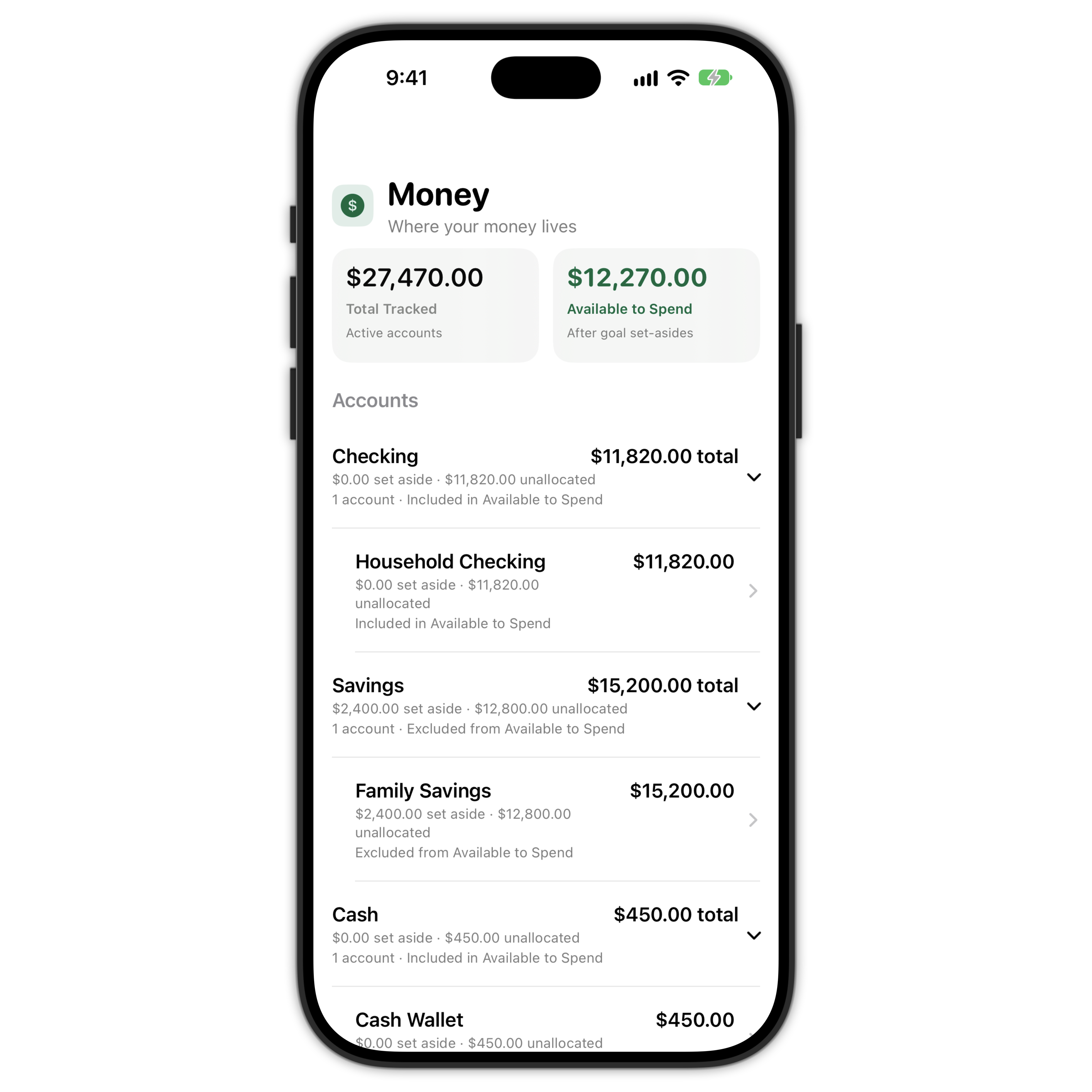Lily Money Money screen showing total tracked and available to spend