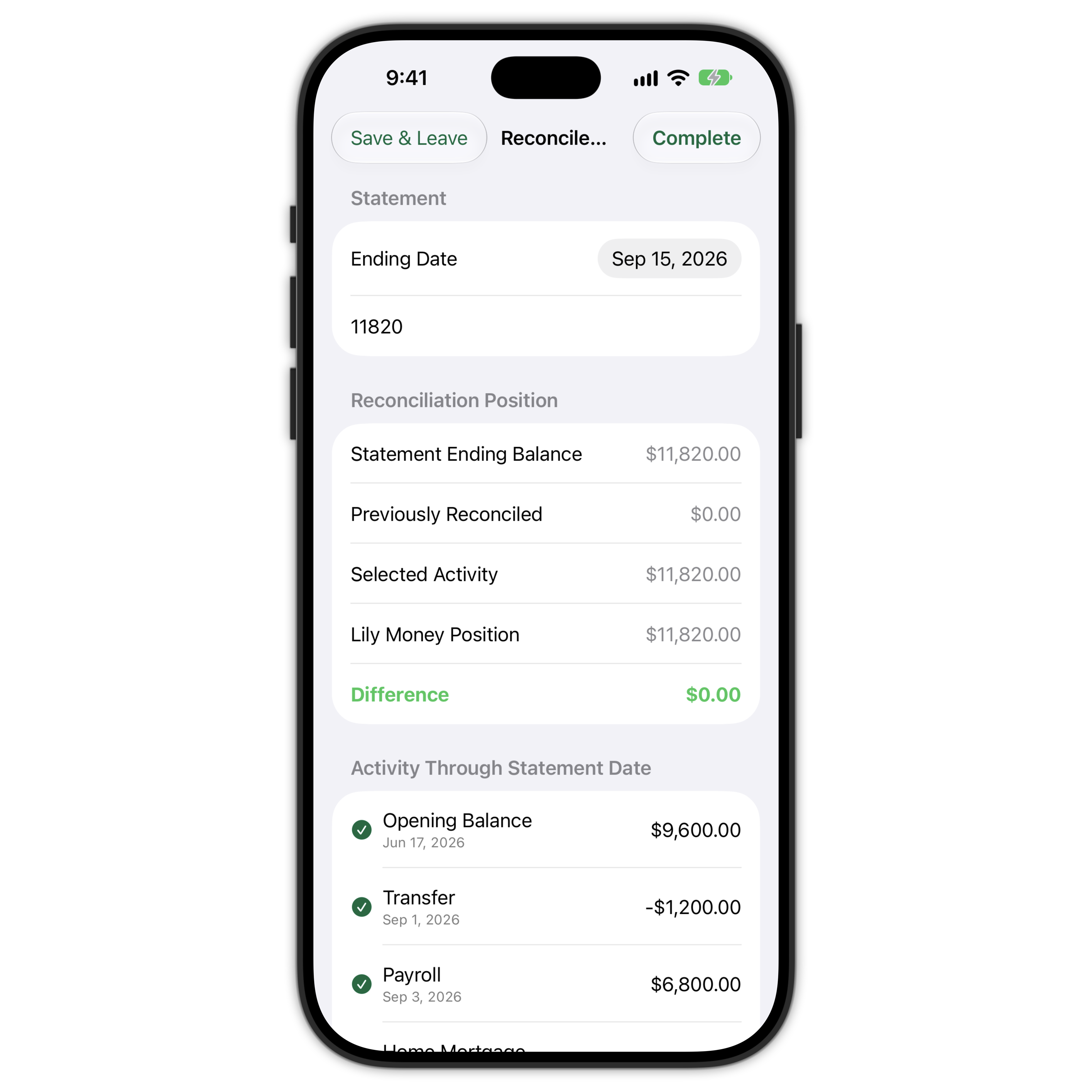 Lily Money reconciliation balanced to zero