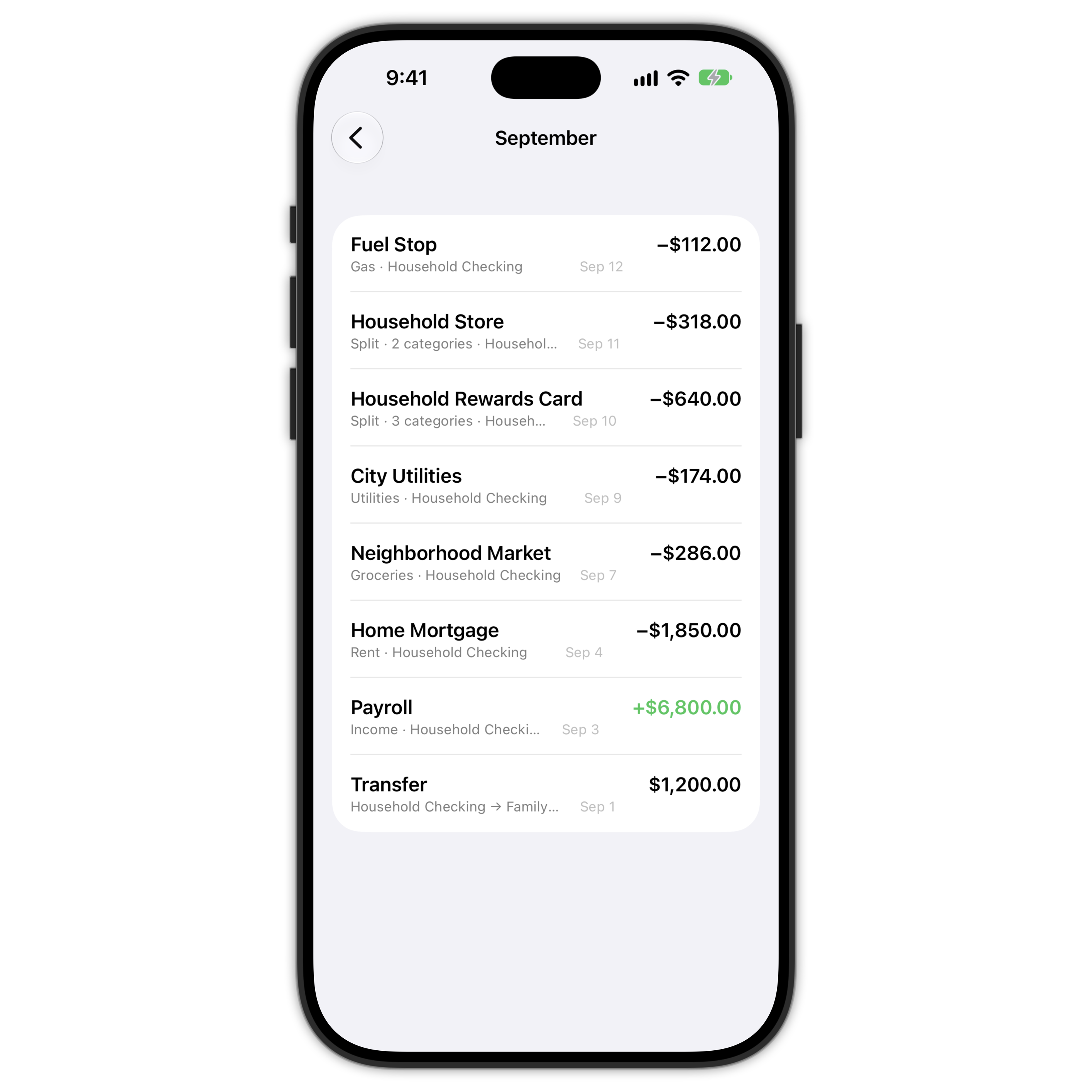 Lily Money populated transaction register